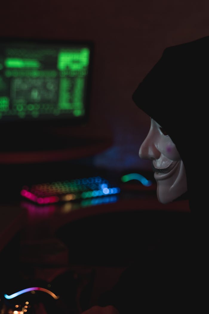 Mastering the First Impression: Your intriguing post title goes here Mysterious figure in a mask and hoodie sitting at a computer, symbolizing cyber security threats.